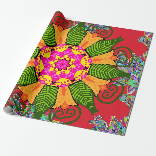 Färgad runda blommigten mandala på röd, grönt och  presentpapper (Utrullad)