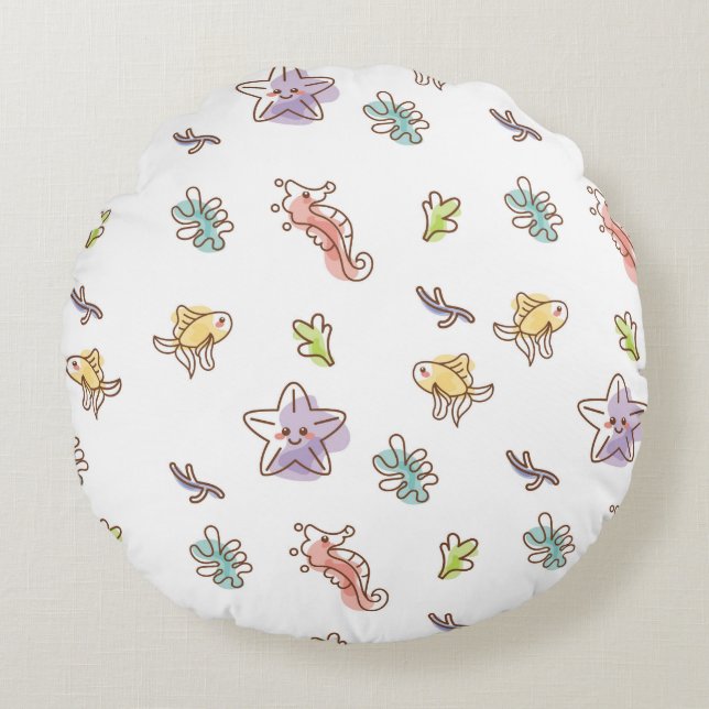 Färgad sjöliv mönster med havs- och fiskarter v rund kudde (Framsidan)