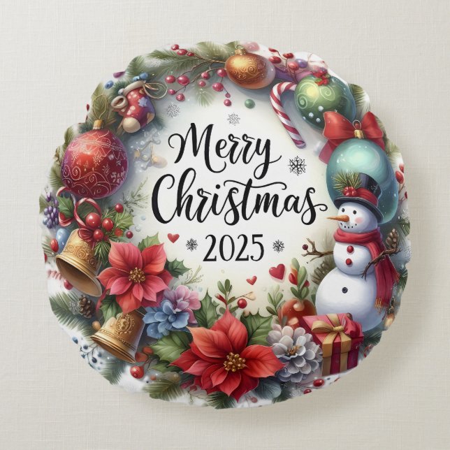 Färgad Snemann och Prydnader Julkudde Rund Kudde (Framsidan)