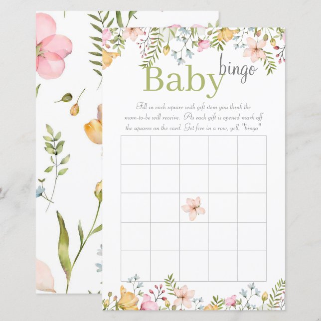 Färgad vildblomma Blommig Baby Shower Bingo Spel (Fram/baksida)