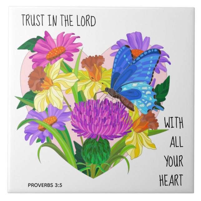 Färgade blommor i hjärtat, Verse från Proverbs 3:5 Kakelplatta (Framsidan)