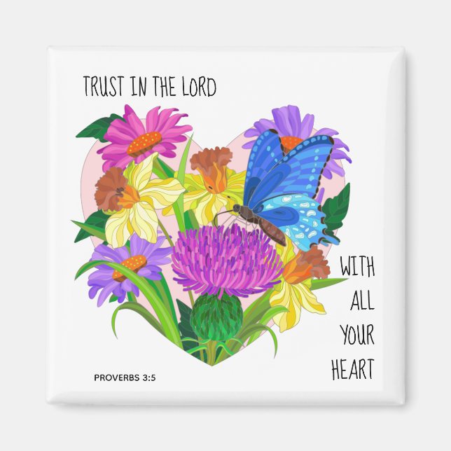 Färgade blommor i hjärtat, Verse från Proverbs 3:5 Magnet (Framsidan)