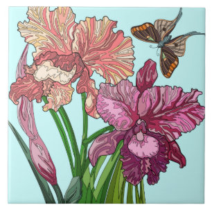 Färgade blommor, iris och fjärilspinnar på mynt kakelplatta