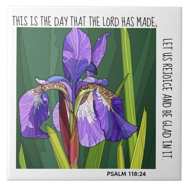 Färgade blommor (lila iris); VERSALM 118:24 Kakelplatta (Framsidan)