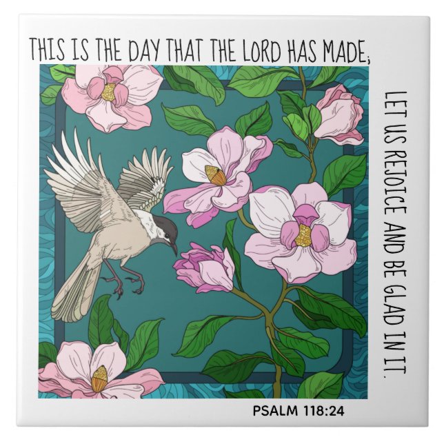 Färgade blommor och fåglar w/ verse Psalm 118:24 Kakelplatta (Framsidan)