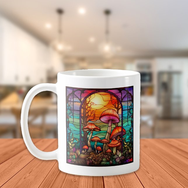 Färgade glas-svampar Soluppgång Kaffemugg (Stained-glass mushrooms mug)
