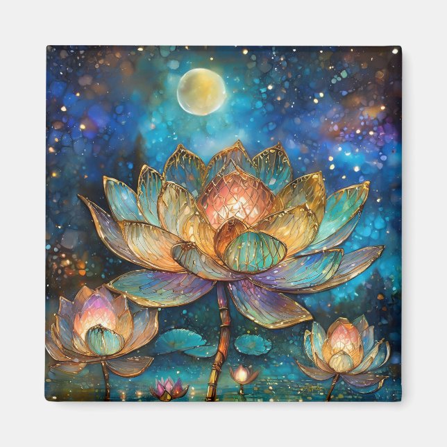 Färgade glaslotusblommor i månskenet magnet (Framsidan)