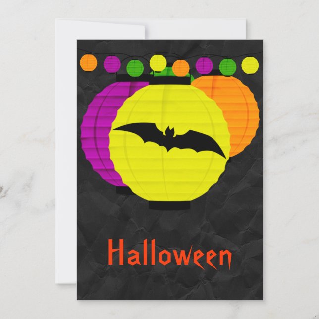 Färgade lyktor och svart fladdermus Halloween Inbjudningar (Framsida)