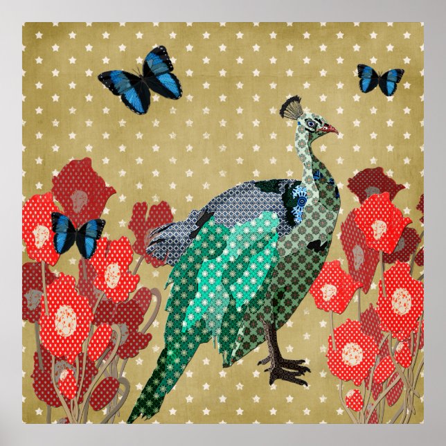 Färgade Peacock & Peonies Guld Stars Poster (Framsidan)