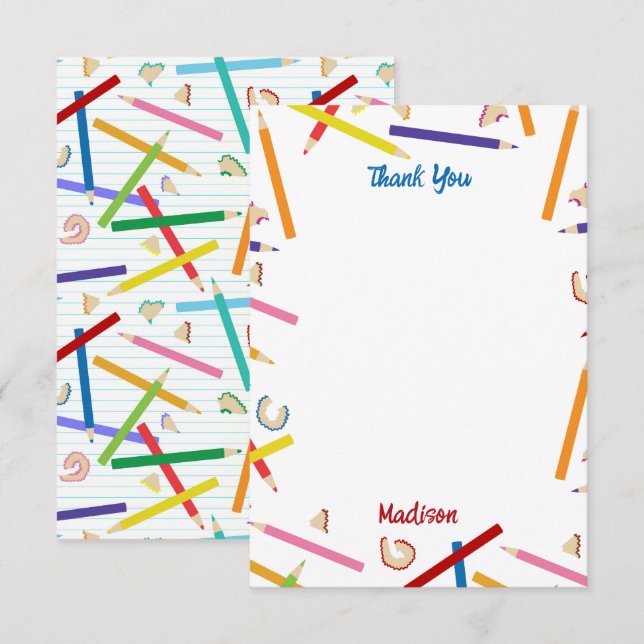 Färgade pennor mönster barn anpassat namn tack kort (Fram/baksida)