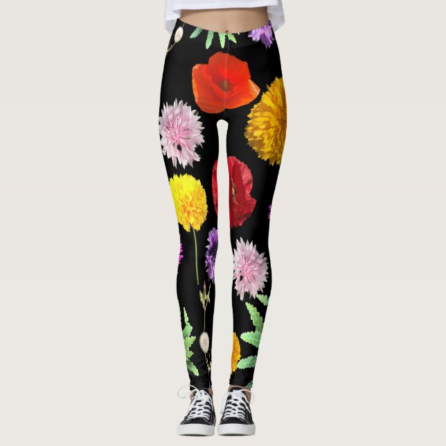färgade sommarblommor på svart bakgrund leggings (Framsida)