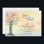 Färgaden Familjeåterförening Elegant Träd Spara da Spara Datumet<br><div class="desc">Elegant Färgad Träd familjeåterförening Spara datum meddelande-kort. Be din familj att spara datumet för din familjeåterförening med det här snyggten. Den har en familj träd i regnbågens färg på en vattenfärgsbakgrund. Det finns mallar som du kan anpassa med din familj namn och dina uppgifter. Denna unika utformning är ett tryck...</div>
