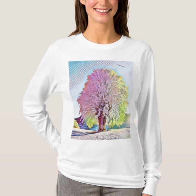 Färgadens moderna vattenfärg snöade träd t shirt (Framsida)