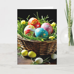 Färgägg och blommor från påsk Basket Helgkort