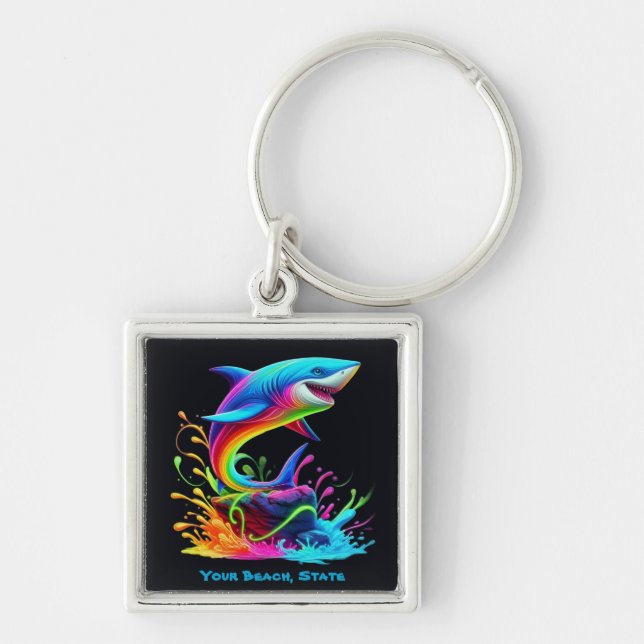 Färgaktig haj Stänk Fyrkantig Silverfärgad Nyckelring (Framsidan)