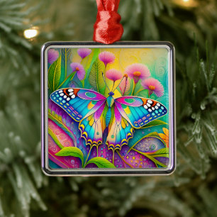 Färgämnen av Psychedelic Butterfly och Wildblommor Julgransprydnad Metall