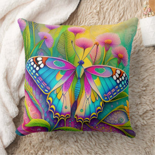 Färgämnen av Psychedelic Butterfly och Wildblommor Kudde