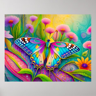Färgämnen av Psychedelic Butterfly och Wildblommor Poster