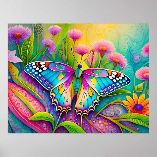 Färgämnen av Psychedelic Butterfly och Wildblommor Poster (Framsidan)