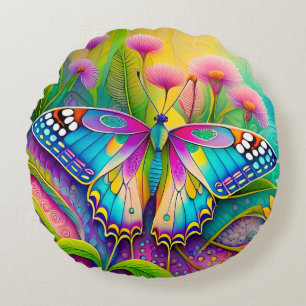 Färgämnen av Psychedelic Butterfly och Wildblommor Rund Kudde
