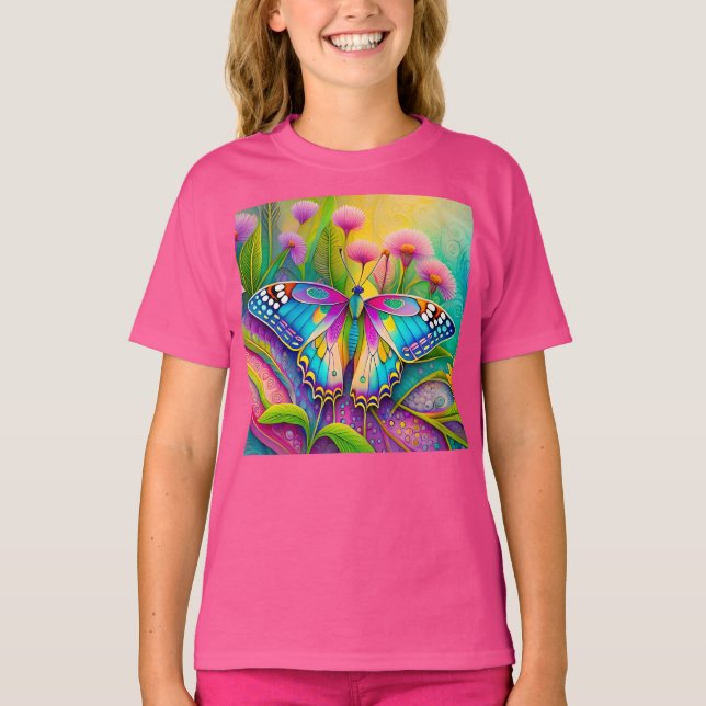Färgämnen av Psychedelic Butterfly och Wildblommor T Shirt (Framsida)