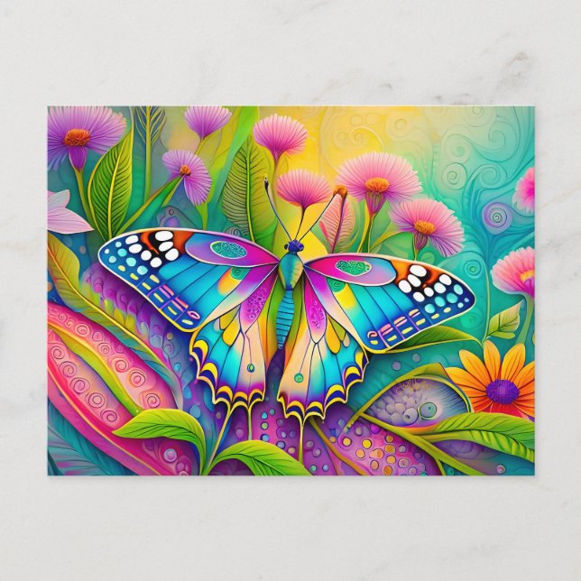 Färgämnen av Psychedelic Butterfly och Wildblommor Vykort (Framsida)