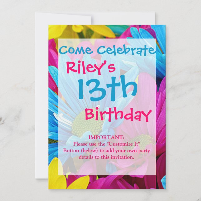 Färgämnen av Shock rosa Teal Blue Gerber Daisys Fl Inbjudningar (Framsida)