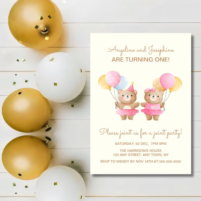 Färgämnen Bear Twin Girls Gemensamma födelsedag Inbjudningar (Skapare uppladdad)