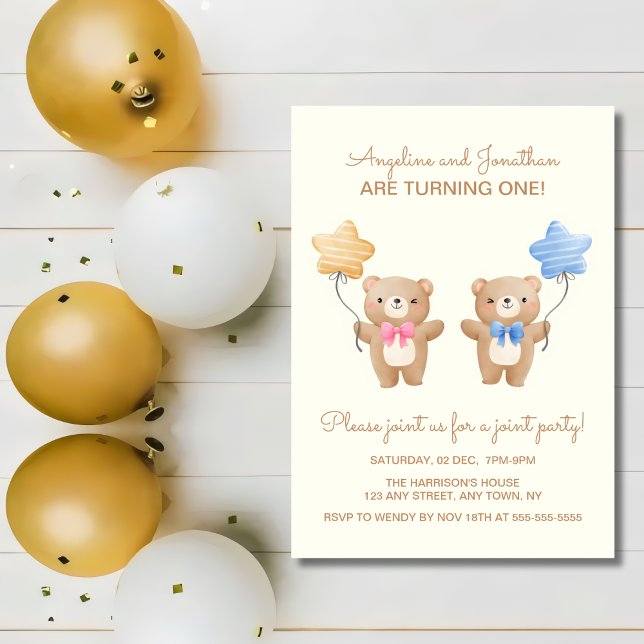 Färgämnen Bear Twin Joint Birthday Inbjudningar (Skapare uppladdad)