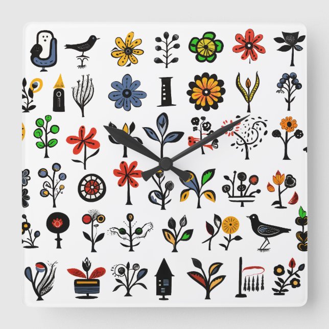 Färgämnen, blommigt och fåglar fyrkantig klocka (Framsida)