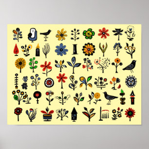 Färgämnen, blommigt och fåglar poster