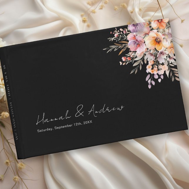 Färgämnen, blomsterBouquet, Bröllop, svart Gästböcker (Colorful, Flower Bouquet, Wedding Black Guest Book with your name and date.)