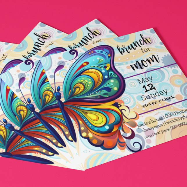 Färgämnen | Brunch för Mamma Inbjudningar (Bright & bold butterflies on a customizable Mother's Day Brunch invitation. Rainbow themed. )