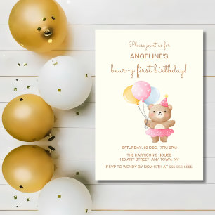 Färgämnen Cute Bear Girl Birthday Inbjudningar