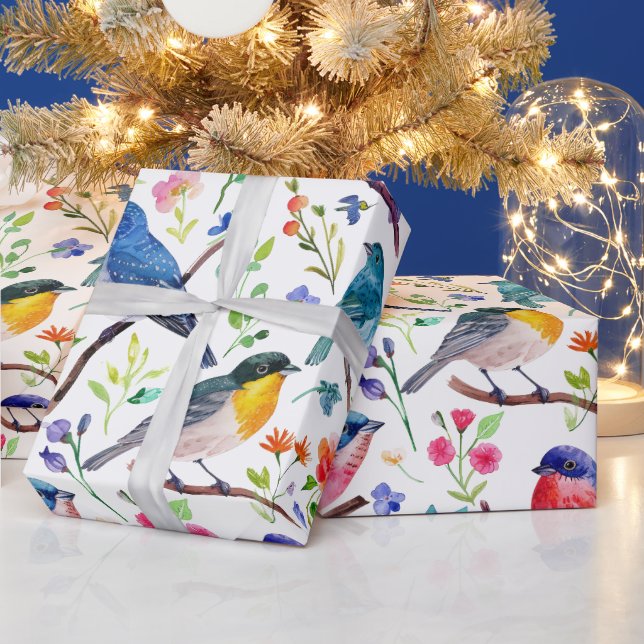 Färgämnen för fåglar och blommor mönster presentpapper (Helgdagar)