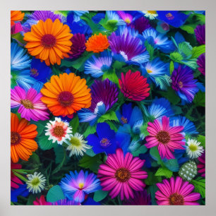 Färgämnen för Orange, blått och rött blommor Poster