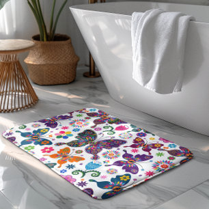 Färgämnen för Retro Butterflies och Flowers Mönste Badrumsmatta