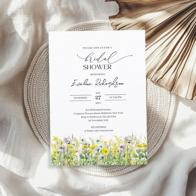 Färgämnen för vilda blommor i gulten vår inbjudningar (Colorful watercolor spring yellow wildflowers invitation)