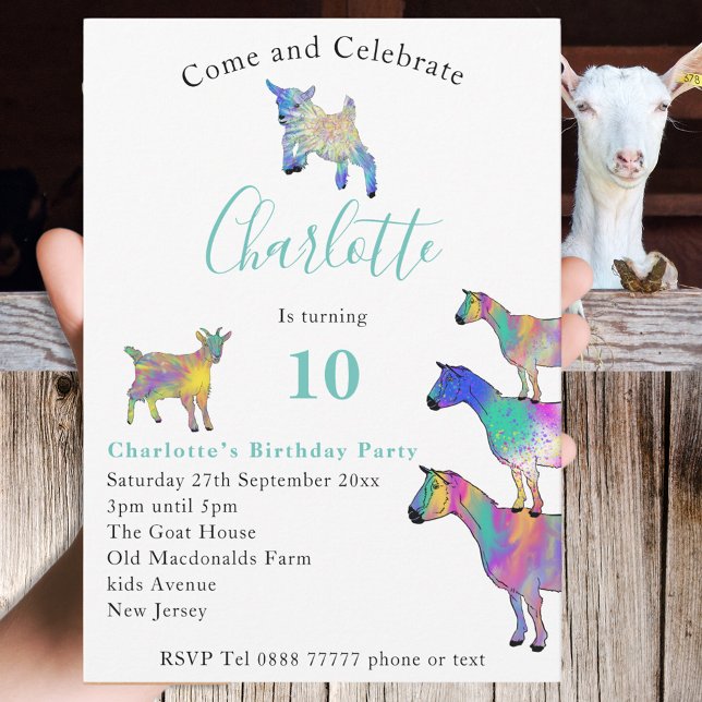 Färgämnen Getter Cute Animals 10:e födelsedag (Cute goats farm animal themed 10th birthday party invitation with colorful animal art)