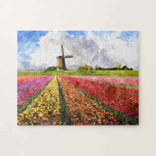 Färgämnen i nederländska Tulips Flower Fält Wa Pussel