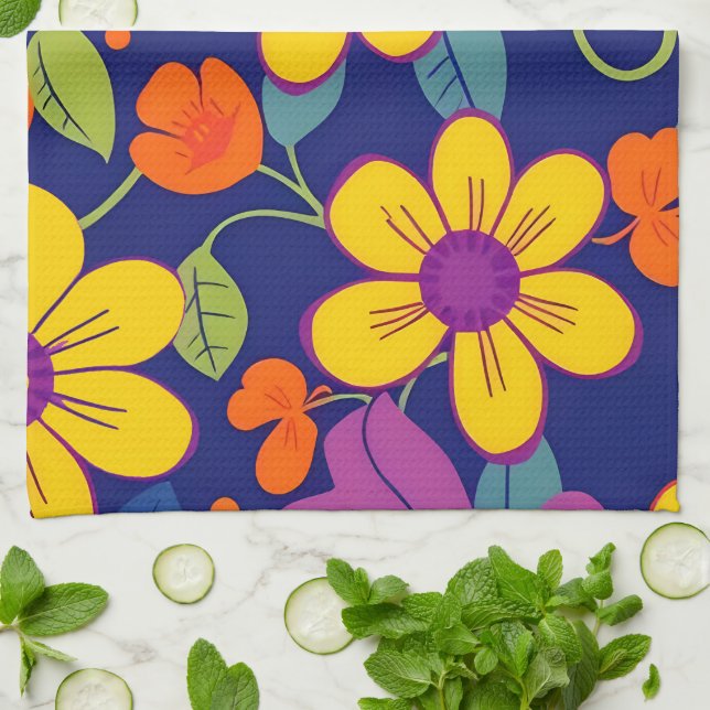 Färgämnen i Retro-blommor-Dopamin Stil Kökshandduk (Vikta)
