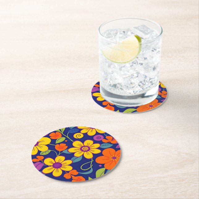 Färgämnen i Retro-blommor-Dopamin Stil Underlägg Papper Rund (Insitu)