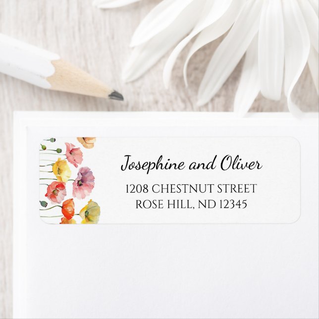 Färgämnen i vild av vallmo blommor bröllop adresse returadress etikett (Insitu)