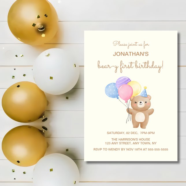Färgämnen Kute Bear Boy Birthday Inbjudningar (Skapare uppladdad)