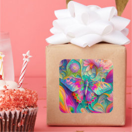 Färgämnen och blommor av Psychedelic Butterfly Fyrkantigt Klistermärke