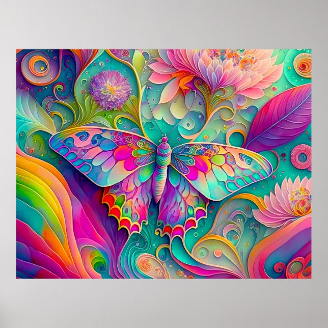 Färgämnen och blommor av Psychedelic Butterfly Poster (Framsidan)