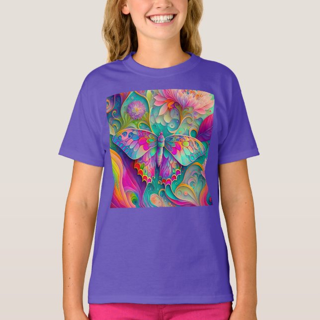 Färgämnen och blommor av Psychedelic Butterfly T Shirt (Framsida)