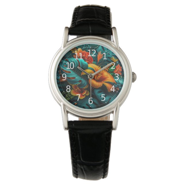 Färgämnen och Elegant Tropical Lövs and Flowers | Armbandsur (Framsida)