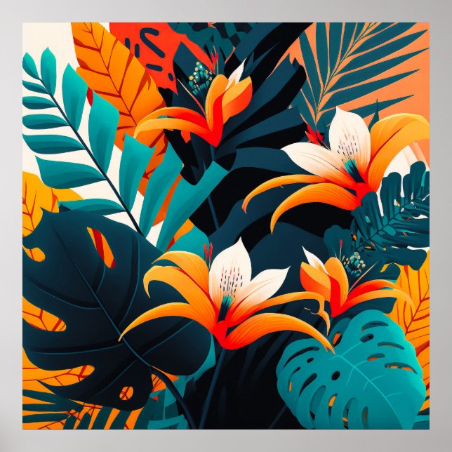 Färgämnen och Elegant Tropical Lövs and Flowers | Poster (Framsidan)