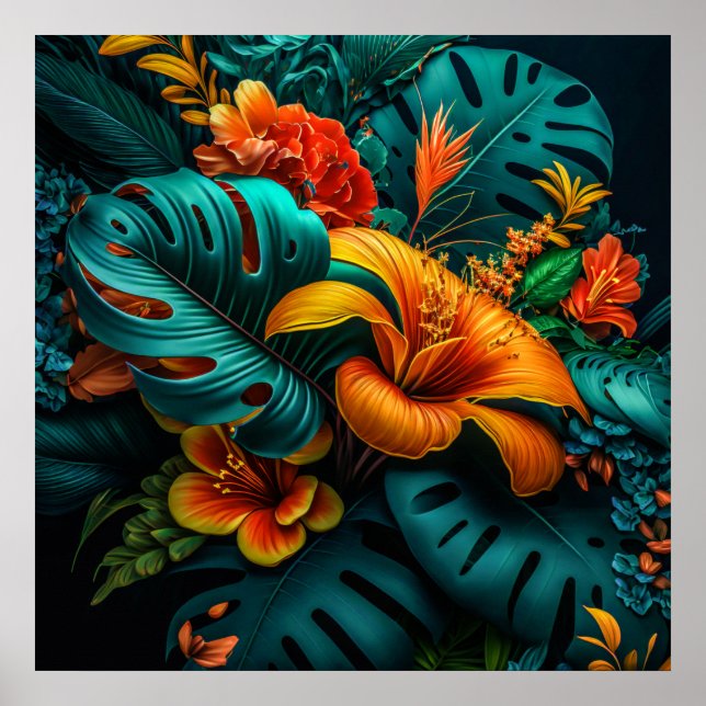 Färgämnen och Elegant Tropical Lövs and Flowers | Poster (Framsidan)